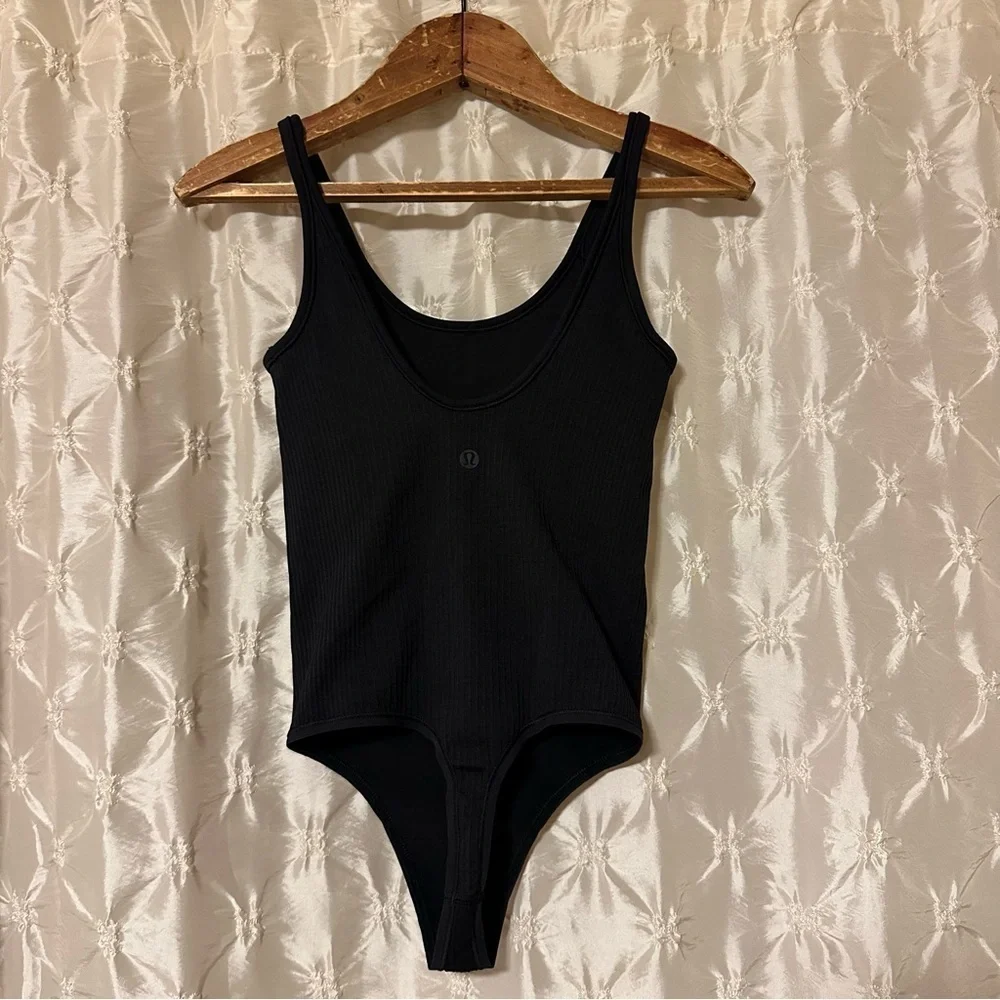 Lululemon Black Ebb to Street Bodysuit Ribbed Scoop Neck Sleeveless Tank Thong